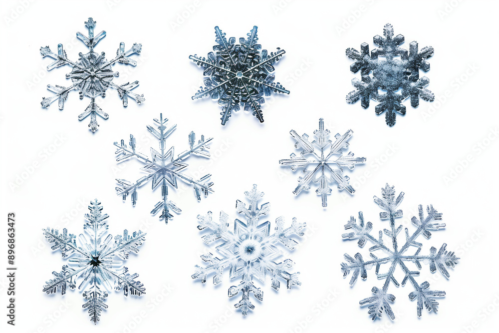 Poster set of different snowflakes isolated on white background. macro photo of real snow crystals.