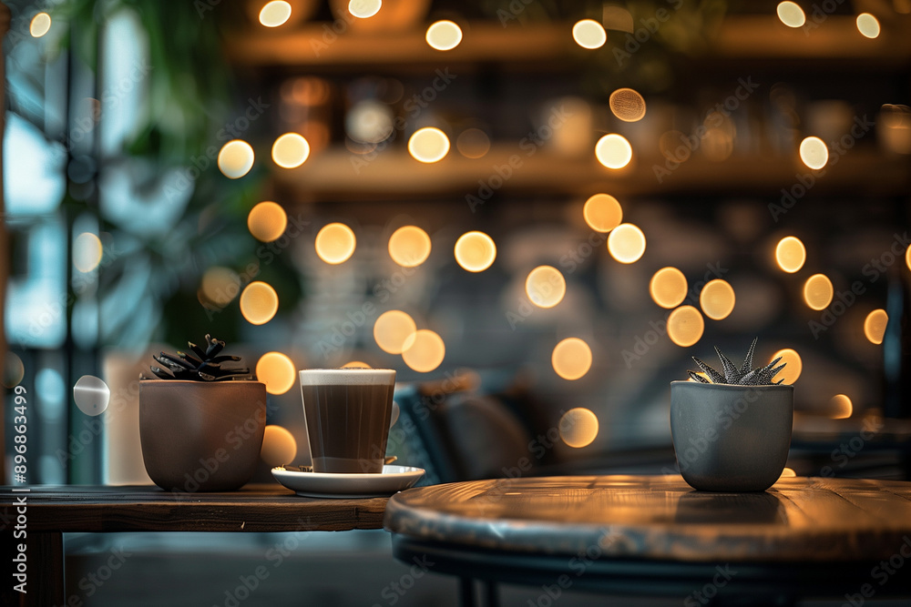 Poster this stunning coffee shop photograph featuring a cozy shelf and table setup, perfect for a cafe or r