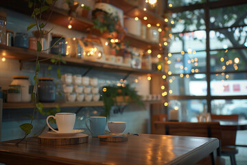 This stunning coffee shop photograph featuring a cozy shelf and table setup, perfect for a cafe or restaurant decor. The bokeh effect in the background adds a touch of magic to the scene