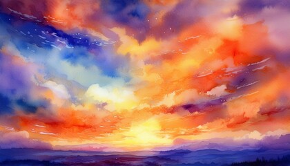 Obraz premium sky orange at sunset in watercolor effect with beautiful colorful storm clouds