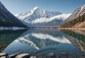  A serene lake reflecting a snow-capped mountain range. 