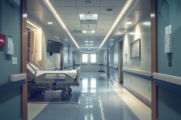 Obraz premium Empty, quiet hospital hallway with beds and medical equipment ready.