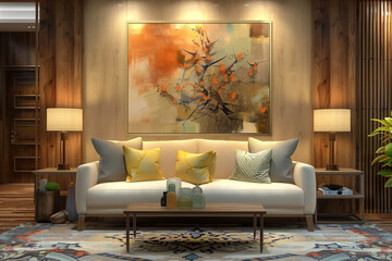 modern creative living room interior design backdrop ideas concept house beautiful background elevation of sofa with decorative photo paint frame full wall background,ai generate