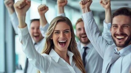 Obraz premium a Business Team Celebrating Success in a Clean Office Background, Joyful and Professional Atmosphere