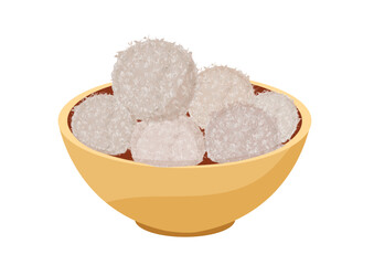 indian Coconut Laddoo, indian festival offerings, famous sweet, coconut barfi, coconut laddoo illustration, bowl of coconut laddu, nariyal laddoo, indian dessert, indian laddu, gari ke laddoo, khopra,