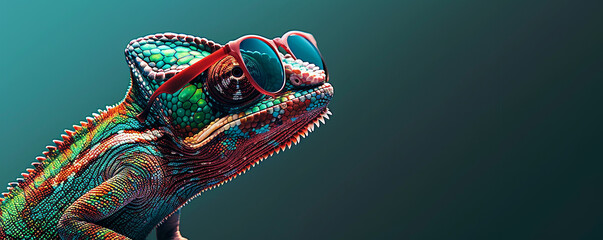 Photo of a chameleon wearing sunglasses on a green background in the style of a cute animal