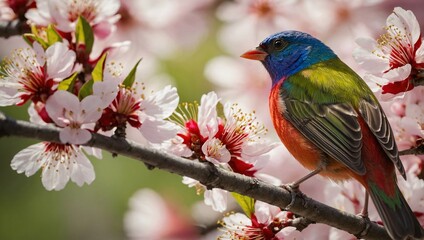 A vibrant and colorful painted bunting perched on a blooming cherry blossom branch, its feathers shimmering in the sunlight