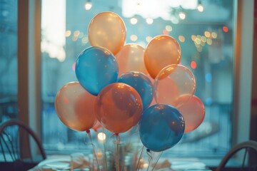 Colorful balloons in front of a window with city lights behind