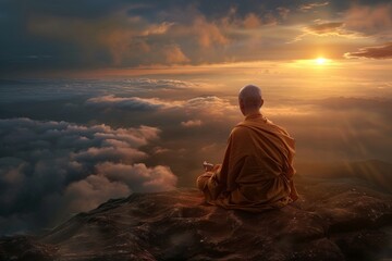 Obraz premium Perched high in the clouds at dawn, a contemplative monk embodies peace, enlightenment, and mindfulness, symbolizing tranquility and spirituality in a serene depiction of ascension and awareness