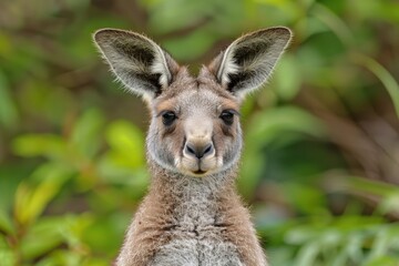 Fototapeta premium A kangaroo standing in its natural environment, surrounded by greenery and open space. The image captures the essence of wildlife and the beauty of nature.