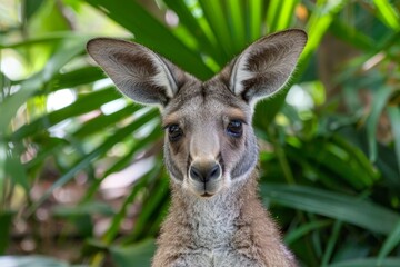 Fototapeta premium A kangaroo standing in its natural environment, surrounded by greenery and open space. The image captures the essence of wildlife and the beauty of nature.
