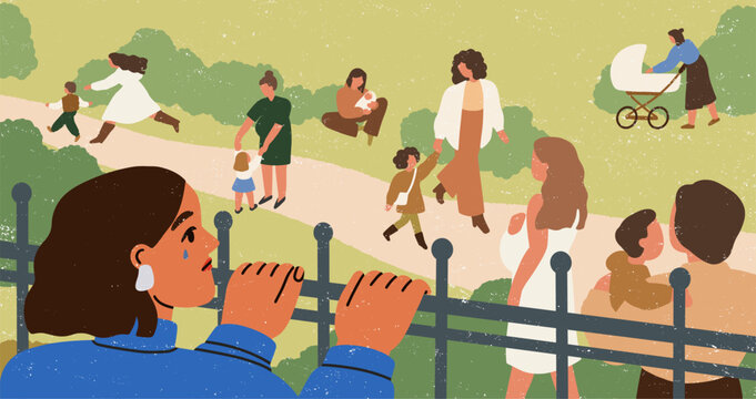 Childless woman watching mothers walking with children. Lonely upset female looking, seeing moms and kids, babies. Dreaming of motherhood, feeling sad. Infertility concept. Flat vector illustration