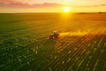 Aerial view of Tractor Spraying Pesticides on Green Soybean Plantation at Sunset. 