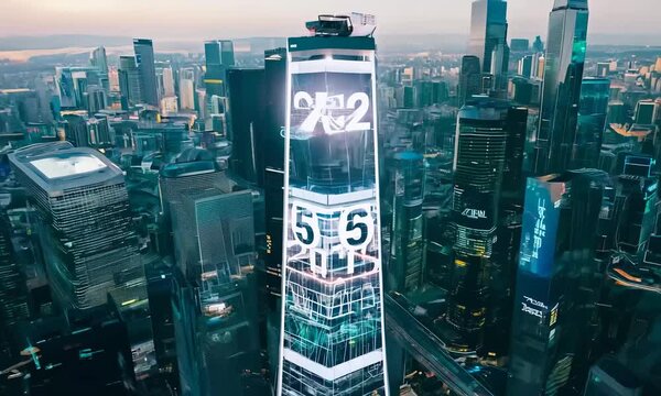 A futuristic cityscape with drones flying around a high-tech skyscraper displaying large digital numbers. The skyline features modern, glass-covered buildings with neon lights at dusk, highlighting ur