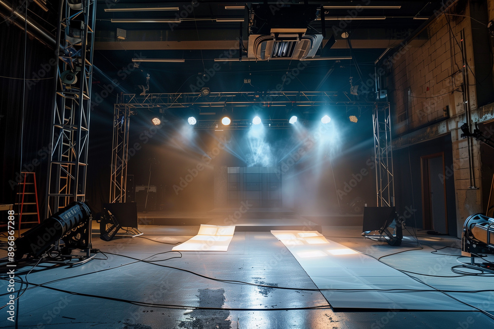 Poster Lighting ramp with powerful spotlights for creating artificial lighting when working in the theater, film studio