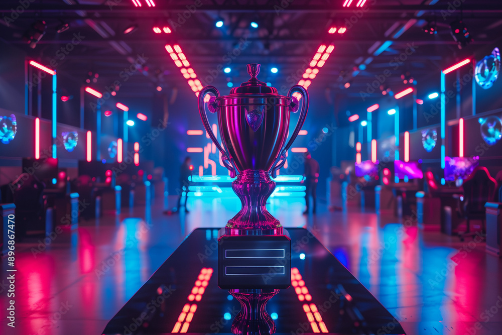 Poster the esports winner trophy standing on the stage in the middle of the arena of the computer video gam