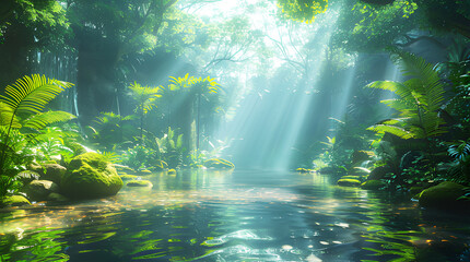 Fototapeta premium Landscape sun shining through trees on river. Cybernetic rainforest nature enhanced by technology. Realistic tropical rain forest clipart template pattern. For ecological travel.