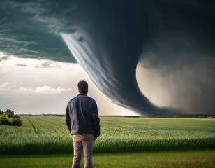 A large tornado is a violently rotating column of air that extends from a thunderstorm to the ground. It is often preceded by a dark, greenish sky. Black storm clouds gather, with small thunder.