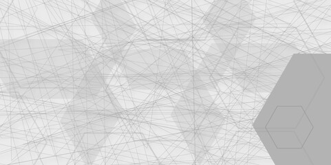 Geometric pattern with hexagons is pictured with black and white tones in the honeycomb. multiple gray paper overlap on the gray background with silver color hexagon pattern on banner with line.  