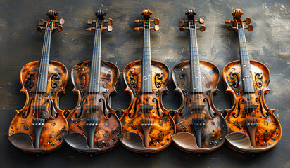Naklejka premium Set of old brown Violin arranged in rows on white background, diagonal. Bioengineered musical instruments living violins and realesrgan. Musical instrument in group of classical stringed instruments.