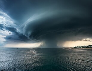 A large tornado is a violently rotating column of air that extends from a thunderstorm to the ground. It is often preceded by a dark, greenish sky. Black storm clouds gather, with small thunder.