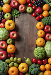  A variety of colorful fruits and vegetables on a rustic table. 