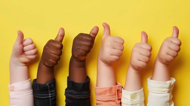 Little children's multiracial hands raised up with thumbs up on a studio yellow background. Children fight and defend their rights and desires. Toddlers vote and happy make a choice concept