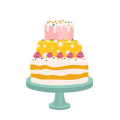 Colorful birthday cake on a stand isolated on white background. Vector illustration