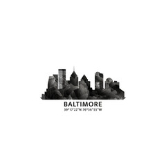 Baltimore panorama, vector badge, skyline logo and icon. USA, Maryland state city horizon logotype with landmarks and building silhouettes. Isolated foggy abstract gradient graphic