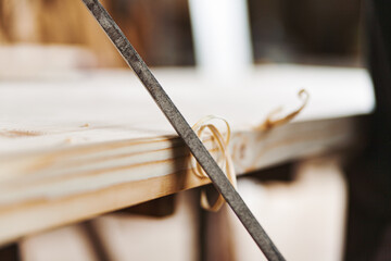 Carpenter using rasp for smoothing wood plank in workshop