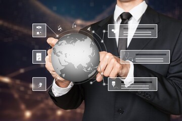 DIgital marketing concept. Business man pressing button