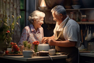 Senior couple cook at the kitchen. Happy elderly lovers cook tog
