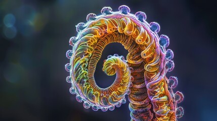 A magnified view of spirochetes, showcasing their spiral-shaped bodies and unique movement, with vibrant colors highlighting their detailed structures and features against a dark background