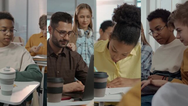 Split screen of multiethnic teenagers and Caucasian male teacher during educational process at secondary school, working on laptop, completing tasks and communicating to classmates during lesson