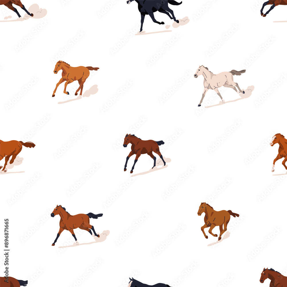 Poster Galloping horses, seamless equine pattern. Endless background, texture design with running rushing tiny stallions. Repeating animal print for fabric, textile, wrapping. Flat vector illustration