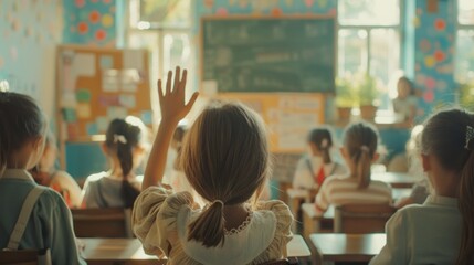 little girl raises one hand in school class