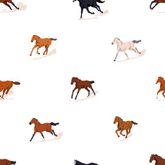 Galloping horses, seamless equine pattern. Endless background, texture design with running rushing tiny stallions. Repeating animal print for fabric, textile, wrapping. Flat vector illustration