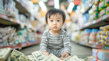 Cost of raising a child concept image with a toddler sitting on money , budget rise to take care of your kid view in a store alley