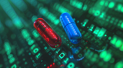 Choice between a red pill and a blue pill concept image on a green data background , choose or select symbol