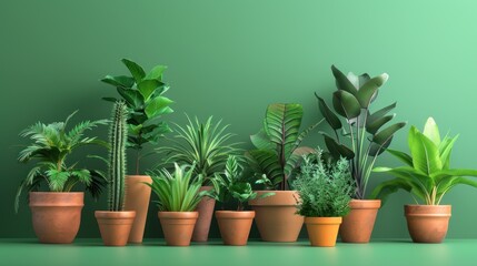 Obraz premium Green Plants in Pots Against a Green Wall
