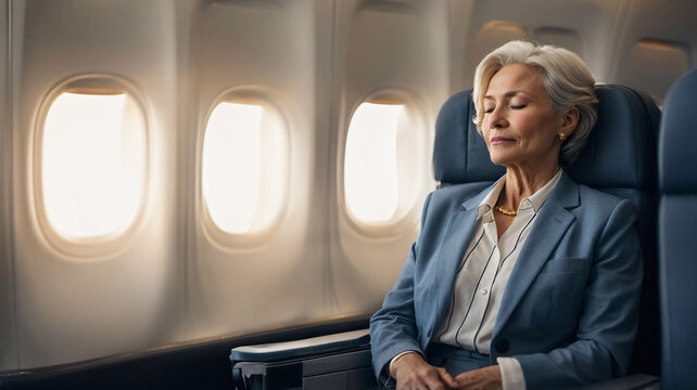 Senior business woman sleeping on plane during flight. Elegant woman taking a nap in business class, window seat
- Powered by Adobe
