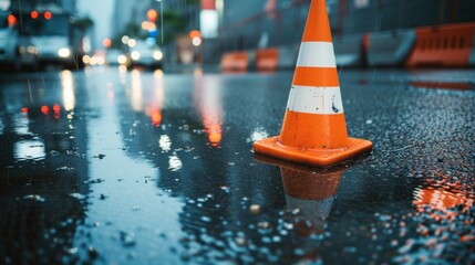 Traffic cone on wet street during rain at night, urban setting. Safety and urban life concept