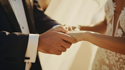 Newlyweds hold each other's hands to signal a new beginning.