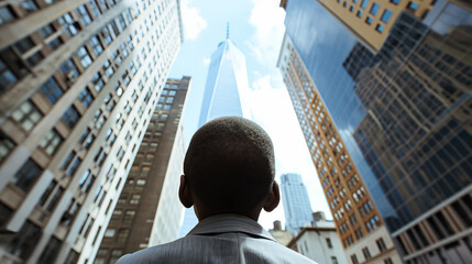 Fototapeta premium Young boy looking up at skyscrapers in an urban setting, cityscape, ambition