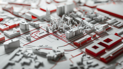 3D city plan with architectural details and buildings in red, white, and gray, depicted on paper. A landscape design for an urban development project.