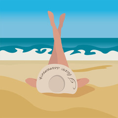 Girl sunbathing on the beach vector illustration. Sea and beach