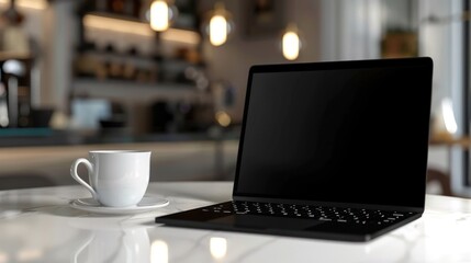 Fototapeta premium laptop on white cafe table