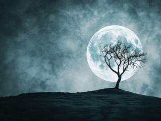 Naklejka premium Full moon illuminating a haunted landscape with a twisted tree on a hill, creating an eerie and mystical atmosphere.