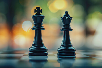 Chess lessons for kids and adults adverticement. Black King and Queen Chess piece. Business competition Leadership, teamwork, partnership strategy concept. Copy space empty place for text