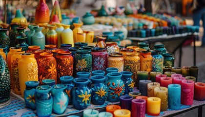Colorful Ceramic Pots and Candles for Sale at a Market Stall